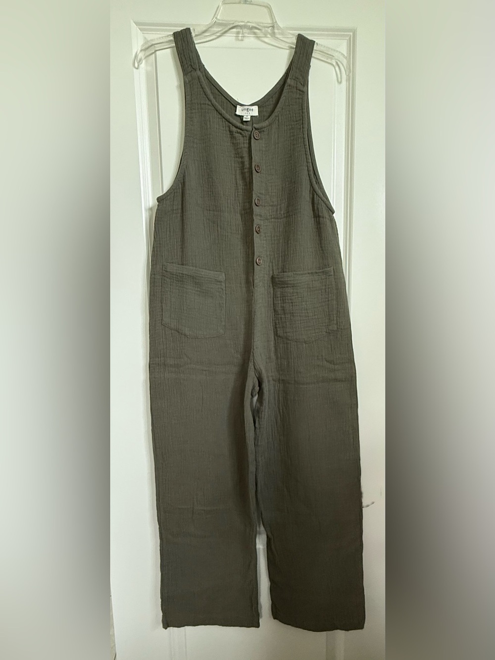 Umgee Olive Sleeveless Button-Front Cotton Gauze Jumpsuit